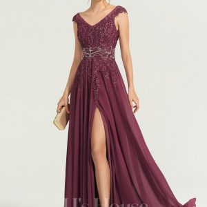 Formal & Evening | A-line V-Neck Floor-Length Chiffon Lace Evening Dress With Rhinestone Sequins Beading Mulberry – Womens