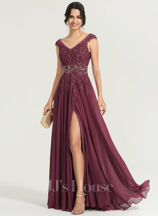 Formal & Evening | A-line V-Neck Floor-Length Chiffon Lace Evening Dress With Rhinestone Sequins Beading Mulberry – Womens