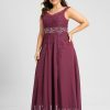 Formal & Evening | A-line V-Neck Floor-Length Chiffon Lace Evening Dress With Rhinestone Sequins Beading Mulberry – Womens