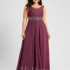 Formal & Evening | A-line V-Neck Floor-Length Chiffon Lace Evening Dress With Rhinestone Sequins Beading Mulberry – Womens