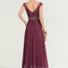 Formal & Evening | A-line V-Neck Floor-Length Chiffon Lace Evening Dress With Rhinestone Sequins Beading Mulberry – Womens