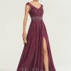 Formal & Evening | A-line V-Neck Floor-Length Chiffon Lace Evening Dress With Rhinestone Sequins Beading Mulberry – Womens