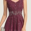 Formal & Evening | A-line V-Neck Floor-Length Chiffon Lace Evening Dress With Rhinestone Sequins Beading Mulberry – Womens