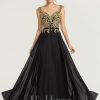 Formal & Evening | A-line V-Neck Floor-Length Lace Chiffon Evening Dress Black – Womens