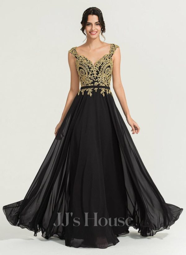 Formal & Evening | A-line V-Neck Floor-Length Lace Chiffon Evening Dress Black – Womens