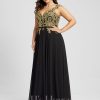 Formal & Evening | A-line V-Neck Floor-Length Lace Chiffon Evening Dress Black – Womens