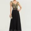 Formal & Evening | A-line V-Neck Floor-Length Lace Chiffon Evening Dress Black – Womens