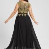 Formal & Evening | A-line V-Neck Floor-Length Lace Chiffon Evening Dress Black – Womens