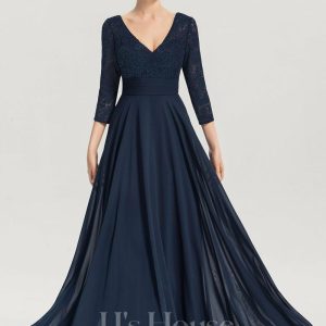 Formal & Evening | A-line V-Neck Floor-Length Lace Chiffon Evening Dress Dark Navy – Womens