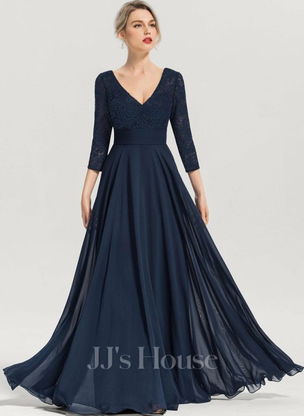 Formal & Evening | A-line V-Neck Floor-Length Lace Chiffon Evening Dress Dark Navy – Womens