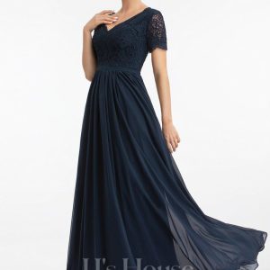 Formal & Evening | A-line V-Neck Floor-Length Lace Chiffon Evening Dress Dark Navy – Womens