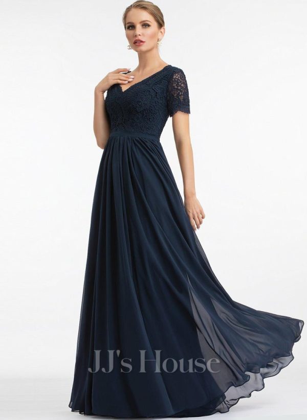 Formal & Evening | A-line V-Neck Floor-Length Lace Chiffon Evening Dress Dark Navy – Womens