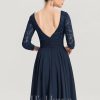 Formal & Evening | A-line V-Neck Floor-Length Lace Chiffon Evening Dress Dark Navy – Womens