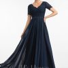 Formal & Evening | A-line V-Neck Floor-Length Lace Chiffon Evening Dress Dark Navy – Womens