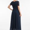 Formal & Evening | A-line V-Neck Floor-Length Lace Chiffon Evening Dress Dark Navy – Womens