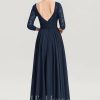 Formal & Evening | A-line V-Neck Floor-Length Lace Chiffon Evening Dress Dark Navy – Womens