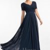 Formal & Evening | A-line V-Neck Floor-Length Lace Chiffon Evening Dress Dark Navy – Womens