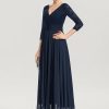 Formal & Evening | A-line V-Neck Floor-Length Lace Chiffon Evening Dress Dark Navy – Womens