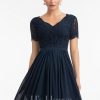 Formal & Evening | A-line V-Neck Floor-Length Lace Chiffon Evening Dress Dark Navy – Womens