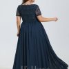 Formal & Evening | A-line V-Neck Floor-Length Lace Chiffon Evening Dress Dark Navy – Womens