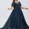 Formal & Evening | A-line V-Neck Floor-Length Lace Chiffon Evening Dress Dark Navy – Womens