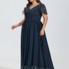 Formal & Evening | A-line V-Neck Floor-Length Lace Chiffon Evening Dress Dark Navy – Womens