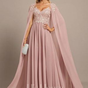 Formal & Evening | A-line V-Neck Floor-Length Lace Chiffon Evening Dress Dusty Rose – Womens