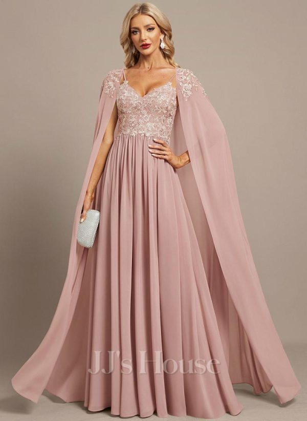 Formal & Evening | A-line V-Neck Floor-Length Lace Chiffon Evening Dress Dusty Rose – Womens