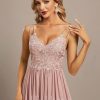 Formal & Evening | A-line V-Neck Floor-Length Lace Chiffon Evening Dress Dusty Rose – Womens