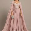 Formal & Evening | A-line V-Neck Floor-Length Lace Chiffon Evening Dress Dusty Rose – Womens