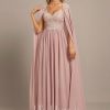 Formal & Evening | A-line V-Neck Floor-Length Lace Chiffon Evening Dress Dusty Rose – Womens