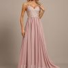 Formal & Evening | A-line V-Neck Floor-Length Lace Chiffon Evening Dress Dusty Rose – Womens