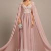 Formal & Evening | A-line V-Neck Floor-Length Lace Chiffon Evening Dress Dusty Rose – Womens