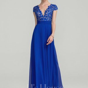 Formal & Evening | A-line V-Neck Floor-Length Lace Chiffon Evening Dress Royal Blue – Womens