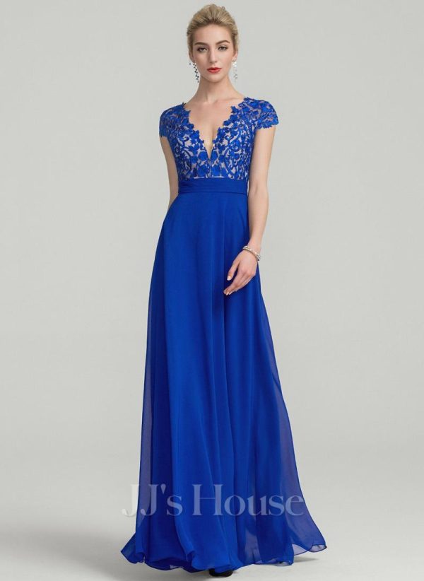 Formal & Evening | A-line V-Neck Floor-Length Lace Chiffon Evening Dress Royal Blue – Womens