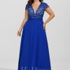 Formal & Evening | A-line V-Neck Floor-Length Lace Chiffon Evening Dress Royal Blue – Womens