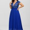 Formal & Evening | A-line V-Neck Floor-Length Lace Chiffon Evening Dress Royal Blue – Womens