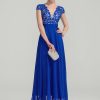 Formal & Evening | A-line V-Neck Floor-Length Lace Chiffon Evening Dress Royal Blue – Womens