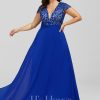 Formal & Evening | A-line V-Neck Floor-Length Lace Chiffon Evening Dress Royal Blue – Womens