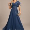 Formal & Evening | A-line V-Neck Floor-Length Lace Chiffon Evening Dress With Pleated Sequins Navy Blue – Womens