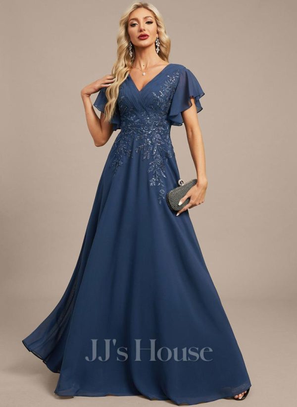 Formal & Evening | A-line V-Neck Floor-Length Lace Chiffon Evening Dress With Pleated Sequins Navy Blue – Womens