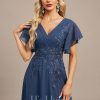 Formal & Evening | A-line V-Neck Floor-Length Lace Chiffon Evening Dress With Pleated Sequins Navy Blue – Womens