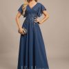 Formal & Evening | A-line V-Neck Floor-Length Lace Chiffon Evening Dress With Pleated Sequins Navy Blue – Womens