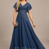 Formal & Evening | A-line V-Neck Floor-Length Lace Chiffon Evening Dress With Pleated Sequins Navy Blue – Womens