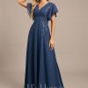 Formal & Evening | A-line V-Neck Floor-Length Lace Chiffon Evening Dress With Pleated Sequins Navy Blue – Womens