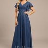 Formal & Evening | A-line V-Neck Floor-Length Lace Chiffon Evening Dress With Pleated Sequins Navy Blue – Womens