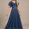 Formal & Evening | A-line V-Neck Floor-Length Lace Chiffon Evening Dress With Pleated Sequins Navy Blue – Womens