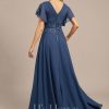 Formal & Evening | A-line V-Neck Floor-Length Lace Chiffon Evening Dress With Pleated Sequins Navy Blue – Womens