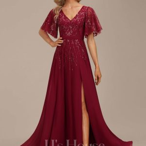 Formal & Evening | A-line V-Neck Floor-Length Lace Chiffon Evening Dress With Sequins Burgundy – Womens