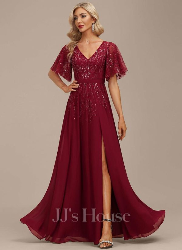 Formal & Evening | A-line V-Neck Floor-Length Lace Chiffon Evening Dress With Sequins Burgundy – Womens